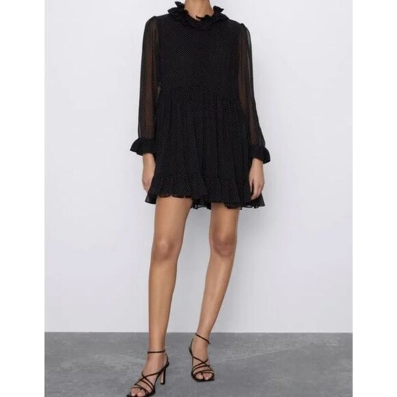 ZARA Ruffled Dress Size XL Black Micro Dot Ruffled Neck Sheer Ruffled Sleeves - Picture 16 of 16